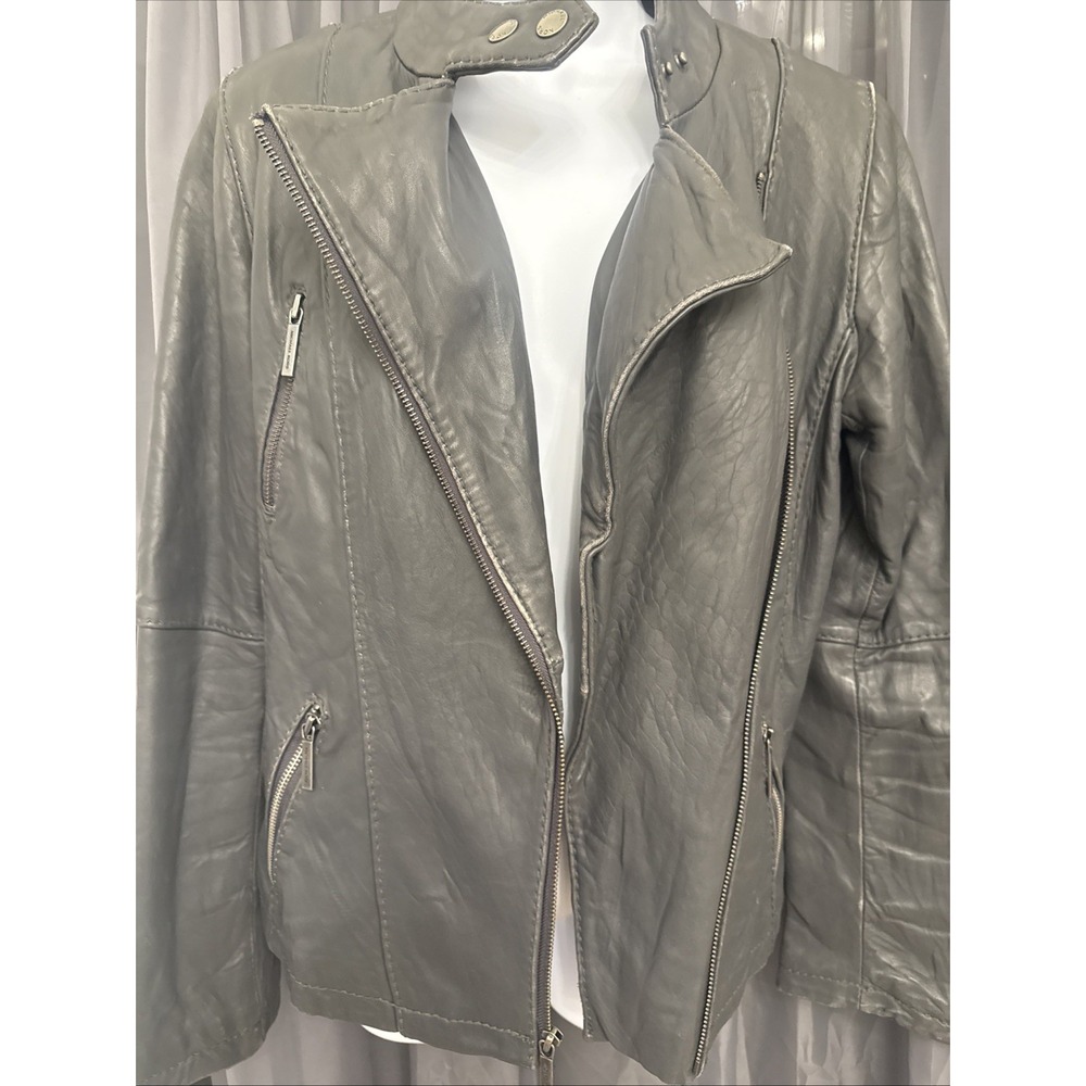Michael Kors Women's Black Leather Biker Jacket Zip Front Collared Size L